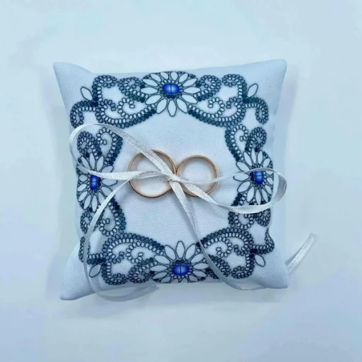 Подушка декоративна весільна під обручки в золоті ППО_103 (з намистинами) 