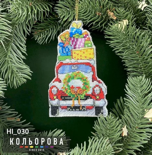 Новорічна іграшка на пластиковій основі НІ_030 &quot;Автомобіль Санти&quot;